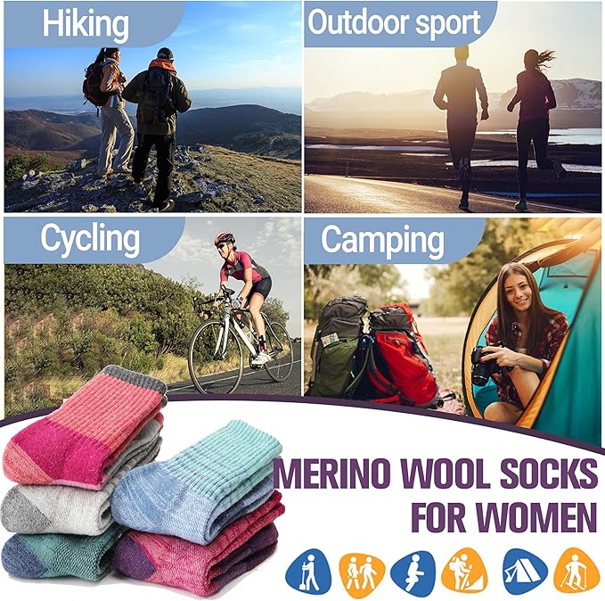Anlisim Merino Wool Hiking Socks for Women Thermal Winter Warm Boot Work Cushion Socks 5 Pairs