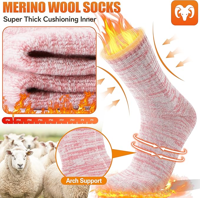 EBMORE Merino Wool Thermal Warm Socks Thick Winter Hiking Cozy Crew Comfy Cushioning Socks 4 Pairs for Women Men