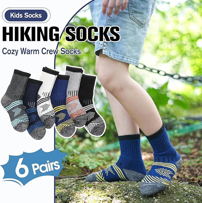 EBMORE Kids Merino Wool Hiking Socks Thermal Winter Warm Thick Boys Toddlers Girls Cushion Crew Socks 6 Pairs