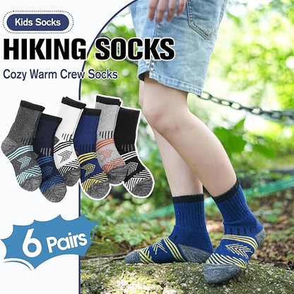 EBMORE Kids Merino Wool Hiking Socks Thermal Winter Warm Thick Boys Toddlers Girls Cushion Crew Socks 6 Pairs
