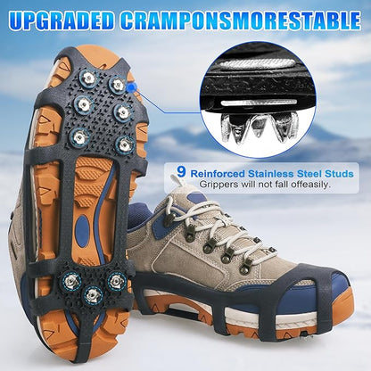 Crampons Ice Cleats for Shoes and Boots Snow Traction Cleats for Walking on Snow and Ice 9 Point Cleats Non-Slip Grippers Overshoe Silicone Stretch Footwear for Winter Hiking Climbing Ice Fishing