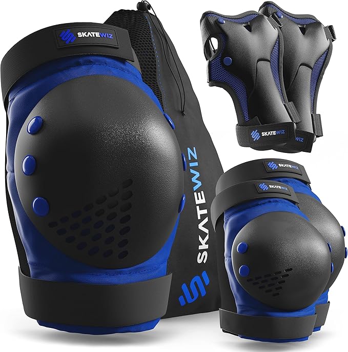 SKATEWIZ Skateboard Pads Protective Gear Set for Kids and Adults - Smash - Roller Skate Pads [6pc] with Wrist Guards - Skating Protective Gear - Roller Derby