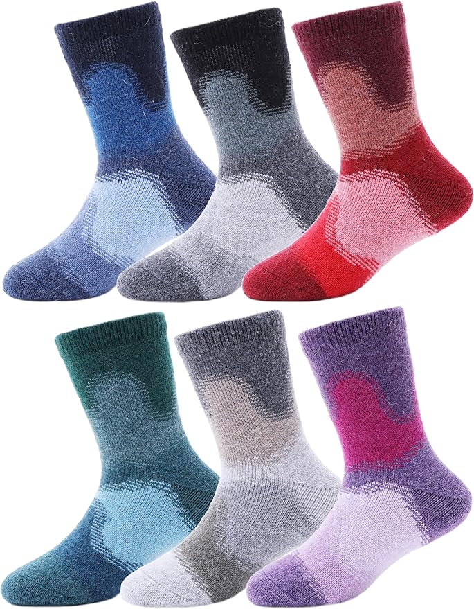 EBMORE Kids Merino Wool Hiking Socks Thermal Winter Warm Thick Boys Toddlers Girls Cushion Crew Socks 6 Pairs