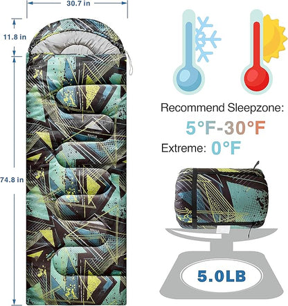 5°F Cold Weather Sleeping Bags for Adults Camping | Big and Tall Winter Sleeping Bag w. Compression Sack for Backpacking, Hiking | Waterproof, Portable | Camouflage