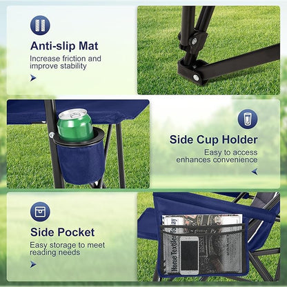 LET'S CAMP Oversized Camping Chairs 29.52" High Back Heavy Duty Lawn Chair Support 500LBS, Portable Collapsible Chair with Cup Holder, Side Pocket(Blue)