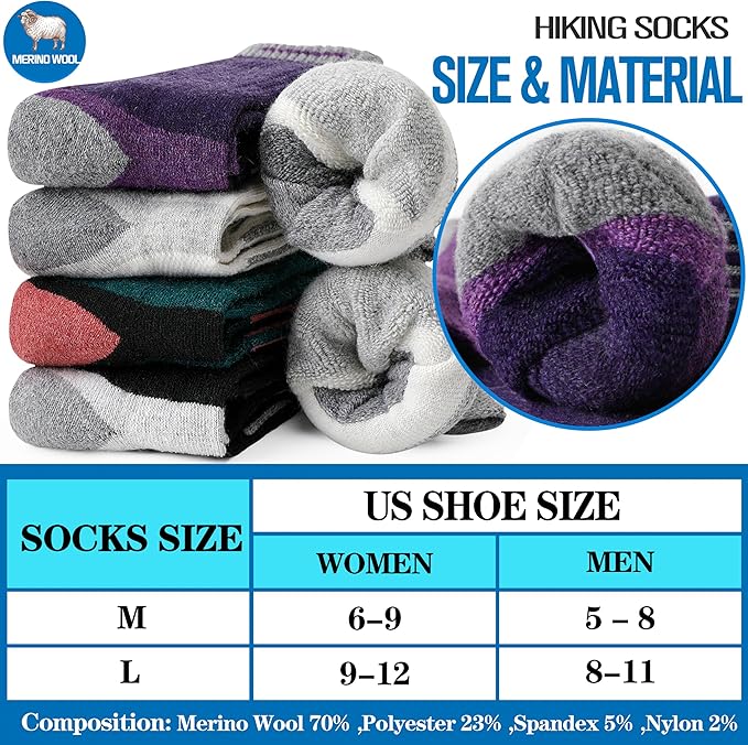 5 Pairs Merino Wool Hiking Socks Warm Thermal Winter Cozy Cushioned Moisture Wicking Socks for Women & Men