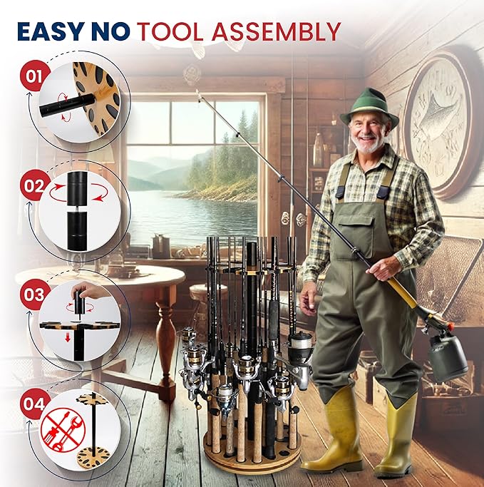 Rush Creek Creations Fishing Rod Holder - 360 Spinning Rack for Garage Organization and Storage, Pole Holder for Reels, Gear, Accessories, Tackle Box
