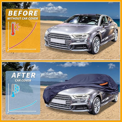 Universal Car Cover Waterproof All Weather 190T-PU, UV Sun Rain Protection, Fits for Sedan Length 178"-186", with Left Side Zipper, Navy Blue