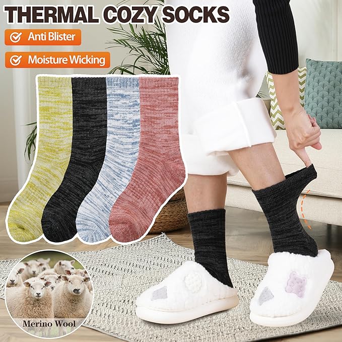 EBMORE Merino Wool Thermal Warm Socks Thick Winter Hiking Cozy Crew Comfy Cushioning Socks 4 Pairs for Women Men