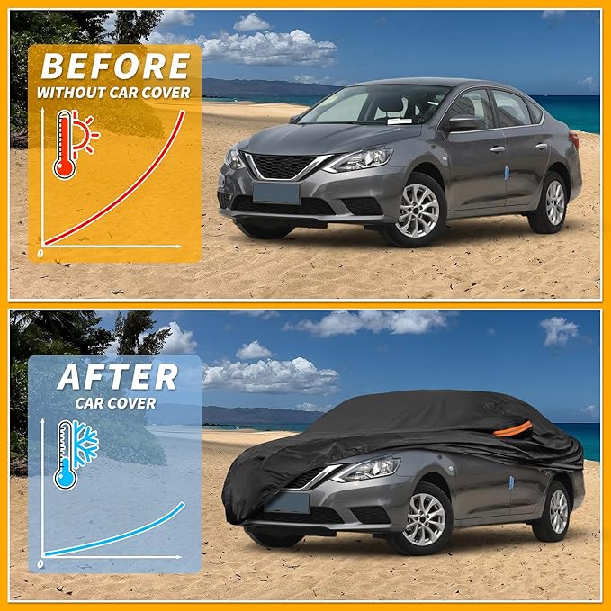 Waterproof All-Weather Universal Car Cover with Right Side Zipper, 210T-PU Black Fits for Sedan 190" to 198" Length