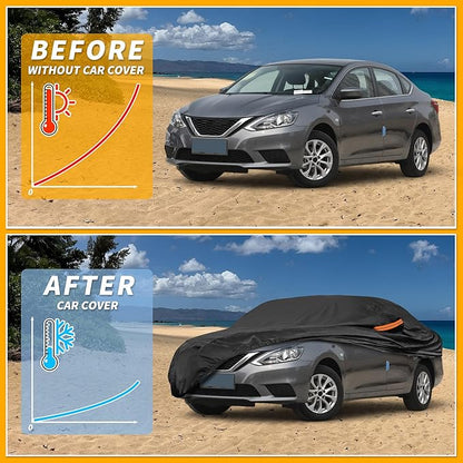 Waterproof All-Weather Universal Car Cover with Right Side Zipper, 210T-PU Black Fits for Sedan 190" to 198" Length