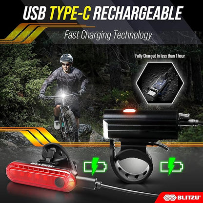 BLITZU Bike Lights Set – Gator 450 LED USB-C Rechargeable Headlight & Rear Taillight with Front and Back Bike Reflectors – Bicycle Accessories for Night Riding, Men & Kids