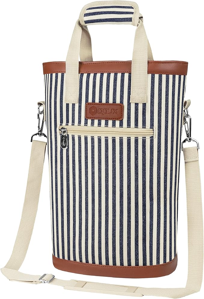 opux Two Bottle Wine Bag Carrier Tote, Insulated Leakproof 2 Bottle Wine Cooler Bag for Travel BYOB Picnic, Portable Wine Case, Gift for Men Women Wine Lover Birthday Party Christmas, Navy Stripes