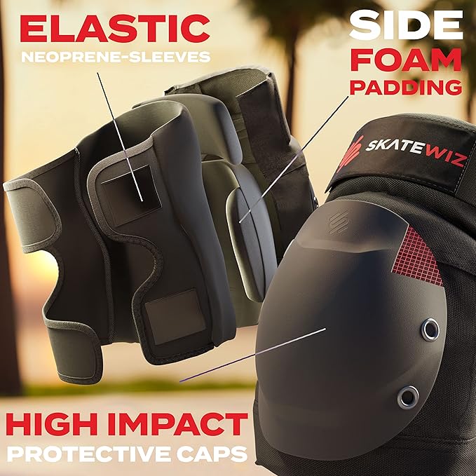 SKATEWIZ Skating Protective Gear Adult Knee Pads, Elbow Pads and Wrist Guards for Adults [6pc] - Shield - Roller Skates, Inline, Skateboard - Designed in Germany