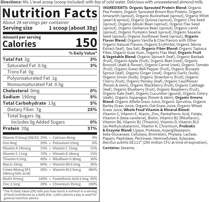 Garden of Life Meal Replacement Shakes, Raw Organic, Vanilla Chai Protein Powder with Plant Based Pea Protein, Sprouts, Greens, Probiotics, Dairy Free 28 Servings