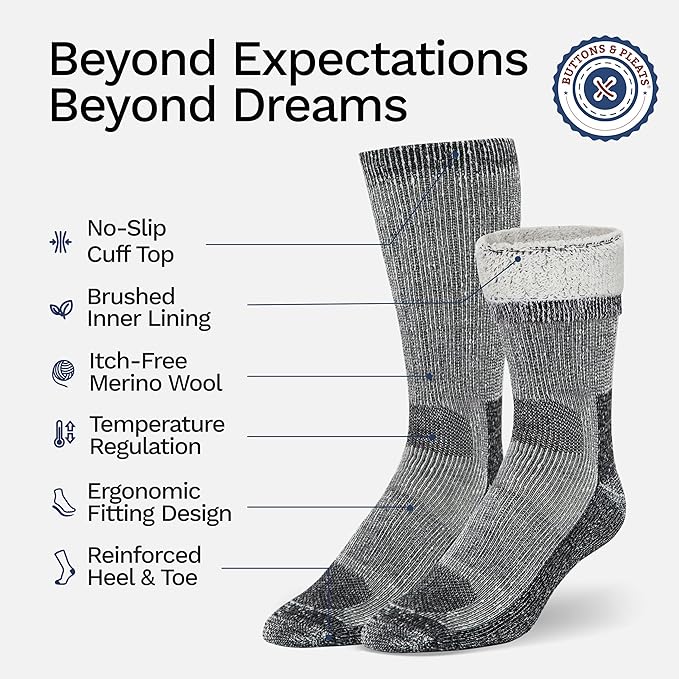 Buttons & Pleats Wool Socks for Men & Women Merino Thermal Warm Cozy Winter Boot Sock