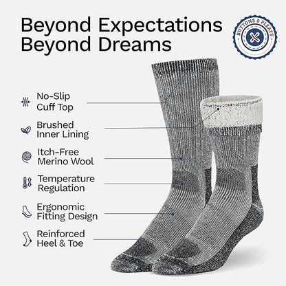 Buttons & Pleats Wool Socks for Men & Women Merino Thermal Warm Cozy Winter Boot Sock