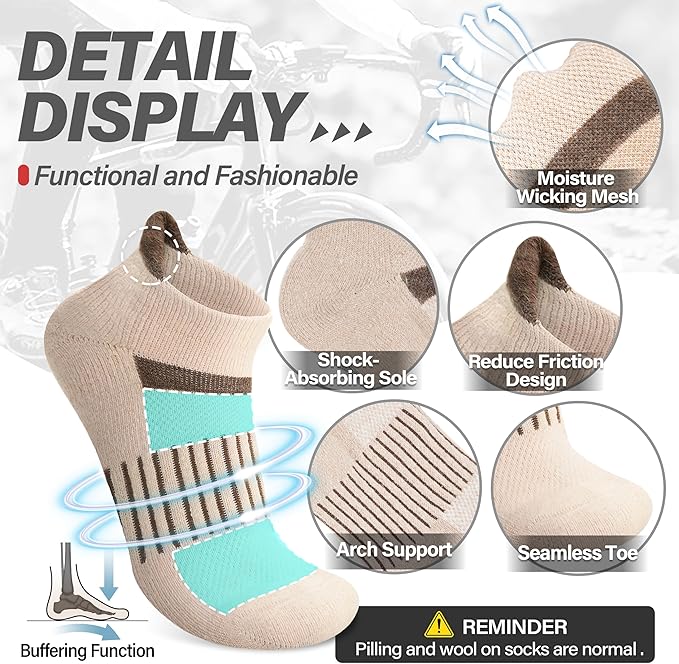 6 Pairs Merino Wool Ankle Running Hiking Socks Compression Support Breathable Thick Cushion No Show Socks for Women Men