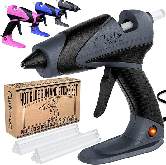 Chandler Tool Full Size Hot Glue Gun And Sticks Set for Crafts and DIY Pistola De Silicona Caliente Inalambrica Complete Heavy Duty Hot Glue Gun Kit With 10 Jumbo Glue Sticks (Grey/Black)