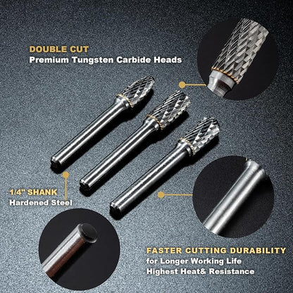 1/4" shank Carbide Burr Set Tungsten 10PC Double Cut Carbide Rotary Burr Set for Metal and Wood Carving, Grinding, Polishing, Engraving, Drilling with Plastic Box.