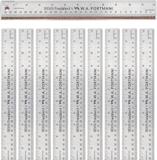 Breman Precision Metal Ruler 12 Inch Cork Back – 10 Pk Stainless Steel Straight Edge, Flexible Non-Slip Metal Ruler with Cork Backing – Imperial & Metric for Crafting, School, Workshop & Home Use