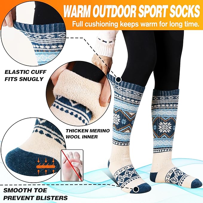 3 Pairs Merino Wool Ski Socks for Womens Mens Thermal Winter Warm Thick Knee High Socks for Skiing Snowboarding