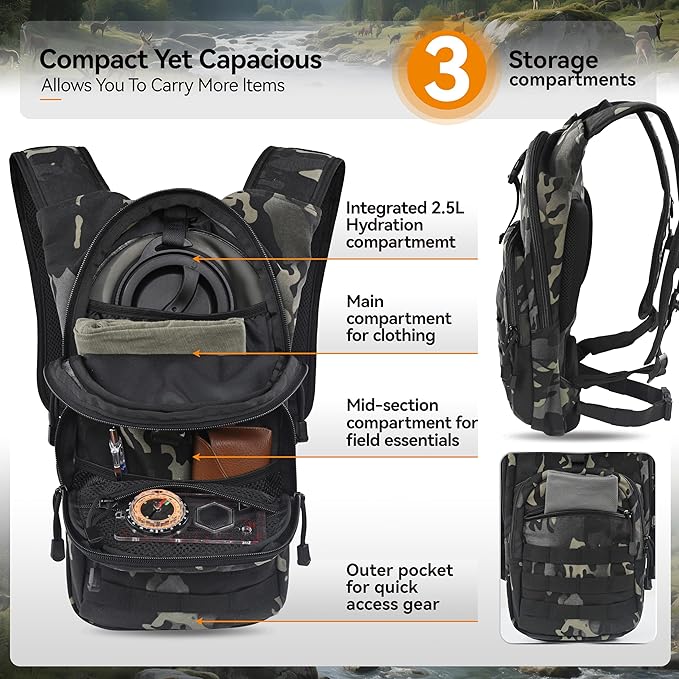 MARCHWAY Tactical Molle Hydration Pack with 2.5L TPU Water Bladder, Low-Profile Organized Military Backpack for Hiking, Cycling, Backpacking, Hunting, Running