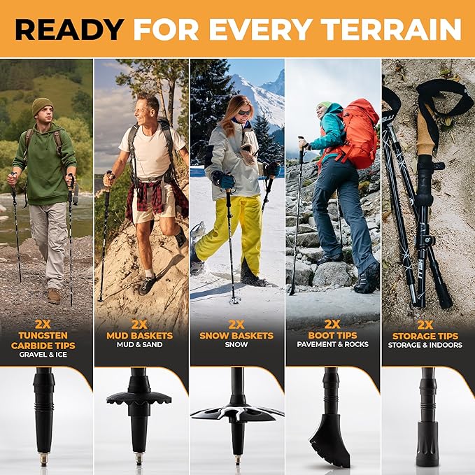 Foxelli Lightweight Trekking Poles – Compact Walking Sticks with Quick Locks, Ergonomic Cork Grip & All-Terrain Accessories – Adjustable Collapsible Poles for Travel & Hiking