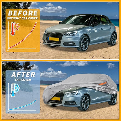 Universal Car Cover Waterproof All Weather 190T-PU, UV Sun Rain Protection, Fits for Sedan Length Up to 177", with Left Side Zipper, Silver Tone