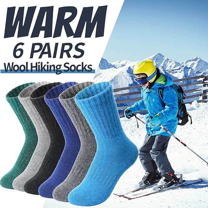 EBMORE Kids Merino Wool Hiking Socks Thermal Winter Warm Thick Boys Toddlers Girls Cushion Crew Socks 6 Pairs