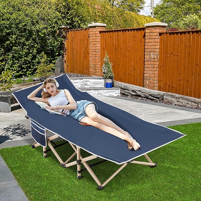 Folding Camping Cot for Sleeping, Portable Cots for Adults, Heavy Duty Cot Bed 550LBS(Max Load), Extra Wider Cots with Large Pocket for Outdoor, Office, Beach