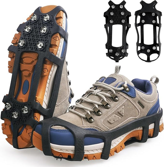 Crampons Ice Cleats for Shoes and Boots Snow Traction Cleats for Walking on Snow and Ice 9 Point Cleats Non-Slip Grippers Overshoe Silicone Stretch Footwear for Winter Hiking Climbing Ice Fishing