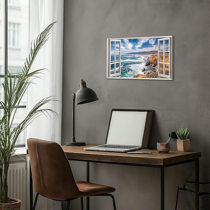 ANRUOXI Beach Window Canvas Wall Art, Enclosed Bedroom Living Room Ocean Coastal Channel Scene Picture, Tropical Sea Landscape Painting Print Artwork Horizontal Seascape Artwork for Bedroom 12x18 Inch