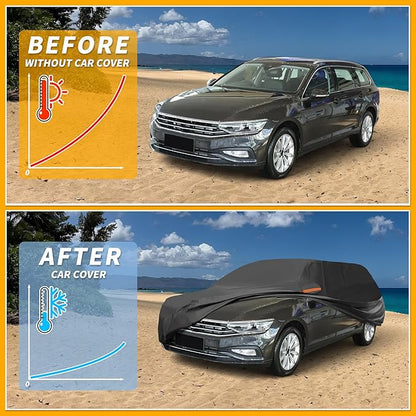 Waterproof All-Weather Universal Car Cover with Right Side Zipper, 210T-PU Black Fits for Wagon 190" to 198" Length