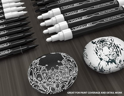TOOLI-ART Black And White Acrylic Paint Markers Paint Pens Set For Rock Painting, Canvas, Mugs, Metal, Glass Paint, Fabric, Wood, DIY. Non Toxic, Quick Dry,Waterbas (EXTRA FINE & MEDIUM)