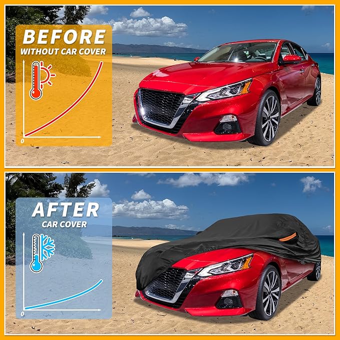 Universal Car Cover Waterproof All Weather 190T-PU, UV Sun Rain Protection, Fits for Sedan Length 199"-208", with Left Side Zipper, Black