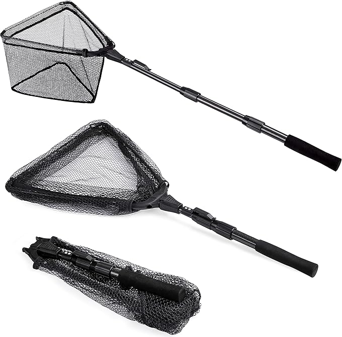 PLUSINNO Fishing Net Fish Landing Net, Foldable Collapsible Telescopic Pole Handle, Durable Nylon Material Mesh, Safe Fish Catching or Releasing