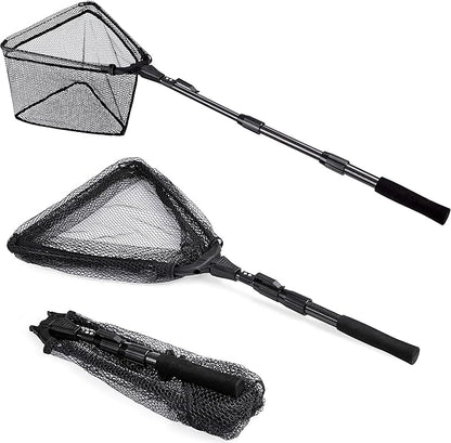 PLUSINNO Fishing Net Fish Landing Net, Foldable Collapsible Telescopic Pole Handle, Durable Nylon Material Mesh, Safe Fish Catching or Releasing