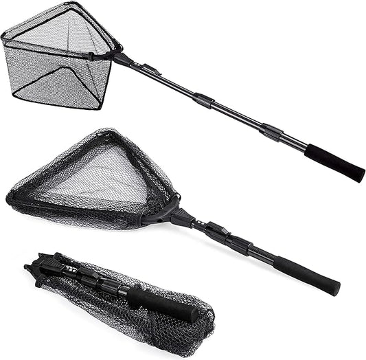 PLUSINNO Fishing Net Fish Landing Net, Foldable Collapsible Telescopic Pole Handle, Durable Nylon Material Mesh, Safe Fish Catching or Releasing
