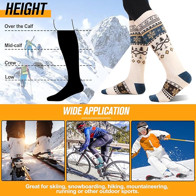 3 Pairs Merino Wool Ski Socks for Womens Mens Thermal Winter Warm Thick Knee High Socks for Skiing Snowboarding