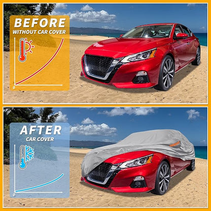 Universal Car Cover Waterproof All Weather 190T-PU, UV Sun Rain Protection, Fits for Sedan Length 199"-208", with Left Side Zipper, Silver Tone