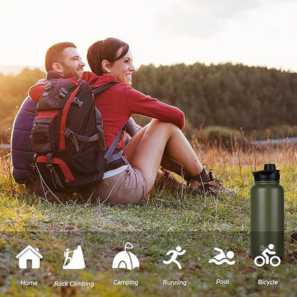 HASLE OUTFITTERS 32 oz Insulated Water Bottle Stainless Steel Double Walled Vacuum Sports Water Bottle with 2 Lids (Straw and Spout Lid) for Gym Camping Hiking(Army Green,4)