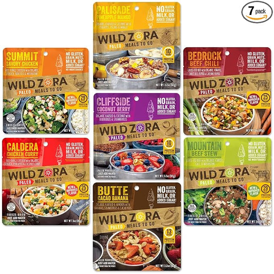 Wild Zora Paleo Freeze Dried Meals for Backpacking & Camping - Healthy Gluten Free & Grain Free Camping Meals/Backpacking Food + No Added Sugar - Includes Breakfast & Dinner Options (Variety 7-pack)
