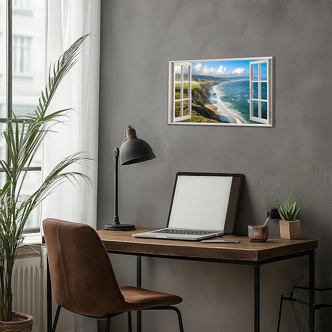 ANRUOXI Beach Window Canvas Wall Art, Enclosed Bedroom Living Room Ocean Coastal Channel Scene Picture, Tropical Sea Landscape Painting Print Artwork Horizontal Seascape Artwork for Bedroom 12x18 Inch