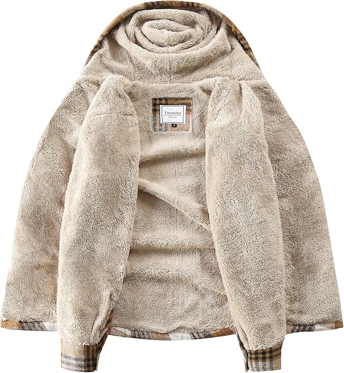 Men's Zip Up Flannel Shirt Jacket Fleece Lined Long Sleeve Plaid Coat Heavyweight Hoodie with Hood