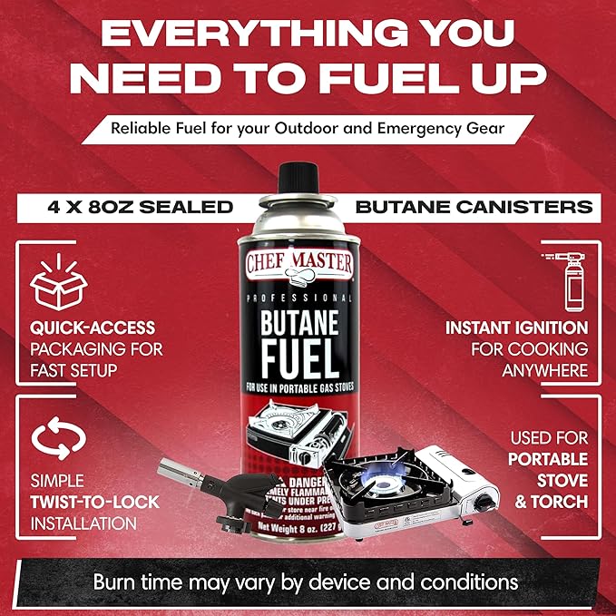 Chef Master 24x 8oz Butane Fuel Canister - Butane Fuel for Camping Stove & Kitchen Torch - Gas Canister for Picnics, Outdoor Cooking, Grilling - Camping Stove, Torch Fuel Camping Essentials - 90340