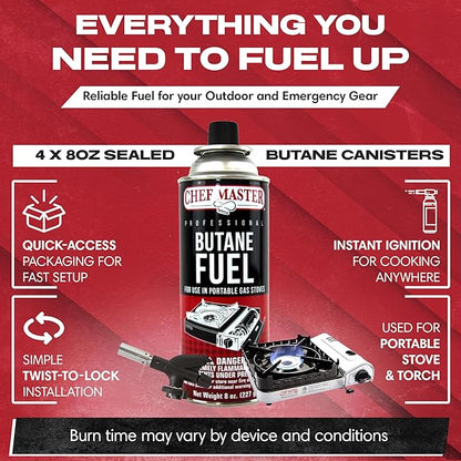 Chef Master 24x 8oz Butane Fuel Canister - Butane Fuel for Camping Stove & Kitchen Torch - Gas Canister for Picnics, Outdoor Cooking, Grilling - Camping Stove, Torch Fuel Camping Essentials - 90340