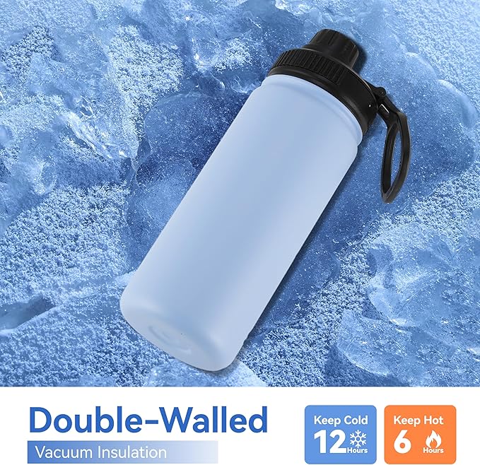 DOMICARE 16 oz Kids Water Bottle for School Stainless Steel Double Wall Vacuum Insulated Water Bottle with Straw lids & Spout Lid, Leakproof BPA Free (Light Blue,1)