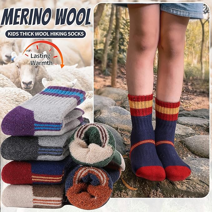 EBMORE Kids Merino Wool Hiking Socks Thermal Winter Warm Thick Boys Toddlers Girls Cushion Crew Socks 6 Pairs