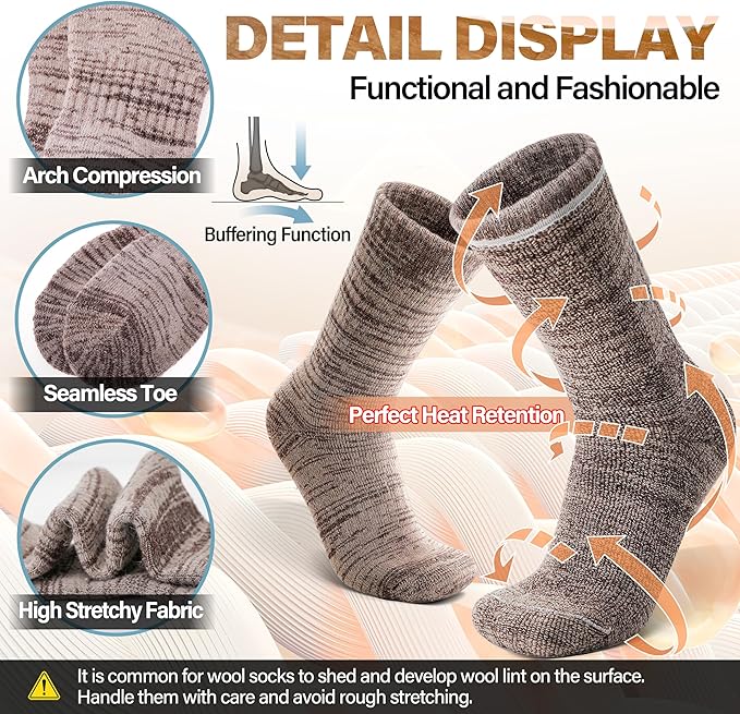 Anlisim Merino Wool Warm Boot Hiking Socks Thermal Extra Thick Winter Cozy Crew Comfy Cushioning Work Women Men Socks 4 Pairs